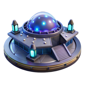 extraordinary dramatic impressionist A spaceship landing pad with futuristic architecture and glowing lights, nighttime with stars visible, science fiction style sharp png