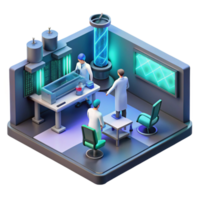 immaculate organic A futuristic laboratory filled with advanced technology, glowing screens, scientists working in the background, isometric view elite png