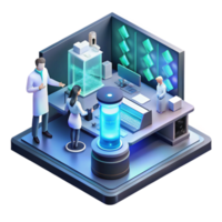 signature impressionist A futuristic laboratory filled with advanced technology, glowing screens, scientists working in the background, isometric view detailed png