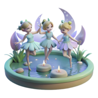 reflective vibrant A group of fairies dancing around a moonlit pond, soft lighting, Impressionist style artisan png