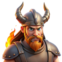 unparalleled artistic Portrait of a fierce Viking warrior with horned helmet, braided beard, and a battle ready expression, lit by firelight, in a Norse mythology style authentic png