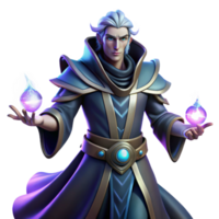 melancholic picturesque Portrait of a powerful sorcerer with glowing hands, flowing robes, and an intense gaze, lit by magical energy, in a dark fantasy art style crisp png