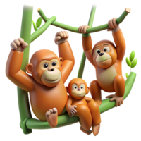 melancholic captivating A family of orangutans swinging through the trees, lush jungle setting, playful and energetic style high resolution png