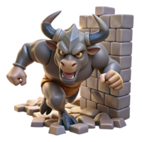 whimsical striking A fearsome minotaur charging through a labyrinth of crumbling stone walls, harsh spotlighting, in a dynamic graphic novel style 4K png