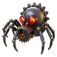 memorable elegant A steampunk spider with brass legs and glowing red eyes, crawling on a web of gears, dark, mysterious lighting, horror style high resolution png