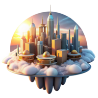 pristine standout A futuristic cityscape, built on interconnected platforms high above the clouds, bathed in the warm glow of a setting sun. Art Deco style png