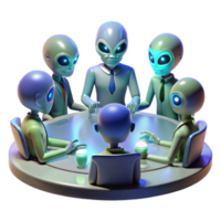 distinguished rustic A group of alien diplomats gathered around a holographic table, discussing galactic politics, dramatic lighting, photorealistic, masterfully captured png