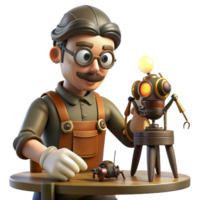 vibrant retro A lone steampunk inventor in goggles and leather apron, tinkering with a miniature robot spider, amidst a chaotic workshop, dimly lit by a single oil lamp, realistic style elite png