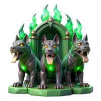 reflective beautiful A three headed Cerberus guarding the gates of the underworld, illuminated by flickering green flames, in a gritty, realistic style elite png