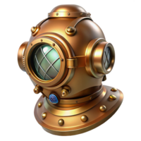 alluring intense mid century A steampunk diving suit, crafted from brass and copper, with large, circular glass windows, illuminated by an underwater spotlight impeccable png