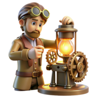 mesmerizing celebrated A lone steampunk inventor, tinkering with a complex clockwork device in a dimly lit workshop, illuminated by flickering gaslight, in a gritty, realistic style png