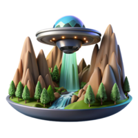 vibrant notable A spaceship landing on a lush, alien planet, waterfalls cascading down towering mountains. Matte painting style. Natural lighting png