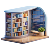 notável rústico uma moderno biblioteca com chão para teto janelas, estantes de livros preenchidas com livros, suave natural luz 4k png