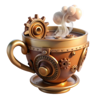 harmonious extraordinary A steampunk teacup, intricate gears and levers, steam rising from the surface, warm, inviting lighting, still life style crisp png