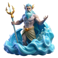 elegant quintessential Poseidon, God of the Sea, rising from a tempestuous ocean, wielding his trident, lightning illuminating the scene, dramatic and dynamic style, png