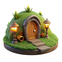 nostalgic gorgeous A hobbit hole nestled in a hillside, lush green grass, warm firelight, cozy atmosphere, masterfully captured png
