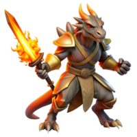 sumptuous industrial A majestic dragonborn warrior wielding a flaming sword, intense orange lighting, digital painting style impeccable png