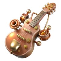 ethereal elegant A steampunk guitar, with copper strings and brass tuning pegs, emitting musical notes. Soft, stage lighting. Surreal style fine detail png