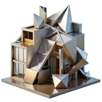 enchanting quintessential A decontructivist building with fragmented shapes, sharp angles, metallic surfaces, dramatic shadows png