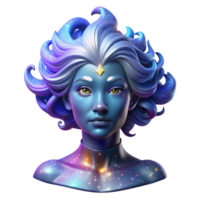 timeless avant garde Portrait of a celestial being with iridescent skin and flowing stardust hair, radiating an ethereal glow, surrounded by a nebula of swirling colors elite png
