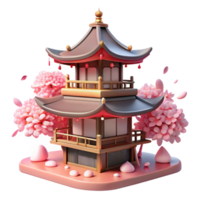 melancholic enchanting A Japanese pagoda surrounded by cherry blossoms in full bloom, soft pink light, serene atmosphere, studio quality png