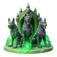 intense stunning Cerberus, the three headed hound of Hades, guarding the gates of the underworld, bathed in an eerie green glow, digital painting style top tier png