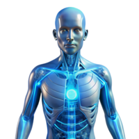 elegant iconic A transparent human figure, its internal organs replaced with glowing circuitry, illuminated by a cool, blue light, cyberpunk style png