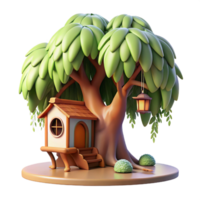 wonderful notable A whimsical treehouse nestled in the branches of a giant willow tree, soft sunlight filtering through the leaves, in a cozy storybook illustration style png