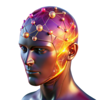 dazzling ethereal urban A transparent human head with visible neural networks firing, vibrant colors, dark lighting, scientific style museum quality png