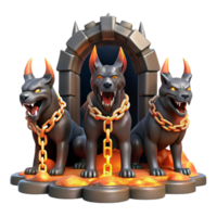 picturesque art deco A three headed Cerberus guarding the gates of the underworld, chains rattling, hellfire lighting, dramatic realism studio quality png