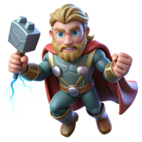 exceptional bohemian Thor, the Norse god of thunder, wielding Mjolnir, lightning crackling around him, against a backdrop of a stormy sky. Comic book style sharp png