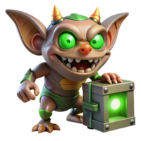 dynamic mesmerizing A mischievous gremlin with sharp claws and glowing green eyes, sabotaging a machine, cartoon style handcrafted png