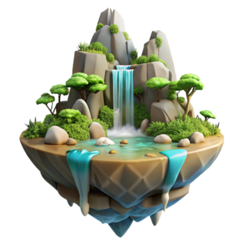 assinatura retro uma flutuando ilha com cachoeiras, exuberante vegetação, suave difuso iluminação, fantasia estilo, galeria padrão png