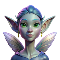 tranquil alluring Portrait of a whimsical, elf like creature with large, iridescent wings, pointed ears, and sparkling silver eyes, lit by dappled sunlight filtering through leaves original png