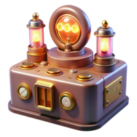 majestic avant garde A vintage computer console with glowing vacuum tubes and dials, bathed in warm, retro lighting, in a nostalgic, steampunk style professional png
