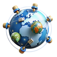 radiant urban A network of interconnected satellites orbiting Earth, communication lines visible between them, infographic style 4K png