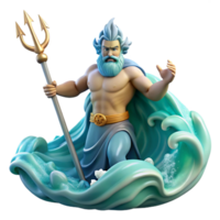 energetic picturesque Poseidon commanding a storm tossed sea, trident raised, waves crashing around him, Romantic style, dramatic, stormy lighting, professional png
