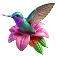 notable creative A tiny hummingbird hovering near a vibrant fuchsia flower, dew drops glistening on its iridescent feathers, macro photography style museum quality png