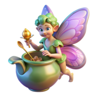 immaculate vintage A mischievous pixie with butterfly wings crafting a potion in a giant iridescent seashell, warm, magical lighting, whimsical illustration style exclusive png