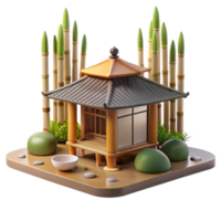 whimsical pristine A minimalist Japanese teahouse, bamboo and wood construction, soft natural light, serene atmosphere, zen garden in the foreground, traditional Japanese landscaping elite png