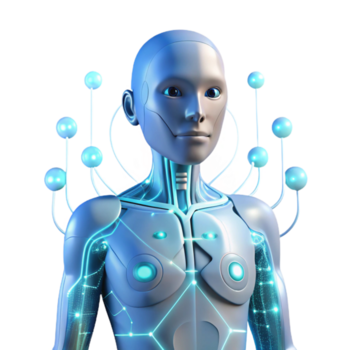 riflessivo degno di nota un' trasparente umano figura con raggiante circuiteria visibile sotto il pelle, circondato di dati flussi, illuminato di un' morbido bianca luce, nel un' cyberpunk stile precisione png