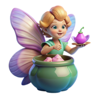 melancholic captivating A mischievous pixie with butterfly wings crafting a potion in a giant iridescent seashell, warm, magical lighting, whimsical illustration style detailed png