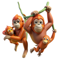 sumptuous traditional A family of orangutans swinging through the trees, jungle setting, dynamic and energetic detailed png