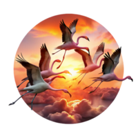 reflective immaculate A flock of flamingos taking flight against a fiery sunset, silhouetted against the vibrant sky, painted in the style of Claude Monet precision png