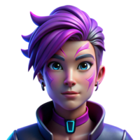 ethereal immaculate Portrait of a non binary person with vibrant purple hair, intricate facial tattoos, and a neutral expression, lit by neon pink and blue lights, in a cyberpunk style artisan png