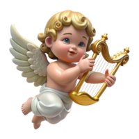 captivating playful modern A winged cherub playing a golden harp, soft celestial light, Renaissance painting style original png