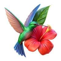 dramatic breathtaking A vibrant hummingbird hovering near a bright red hibiscus flower, with dew drops glistening on its wings, rendered in a photorealistic style with soft natural light exclusive png