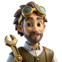 dramatic spectacular A portrait of a steampunk inventor, wearing goggles and holding a wrench. Warm, Rembrandt lighting. Realistic painting style high quality png
