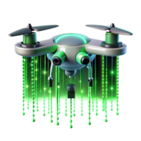 spectacular bohemian A solitary drone hovering against a backdrop of binary code raining down, lit by a cool, neon green light, cyberpunk style refined png
