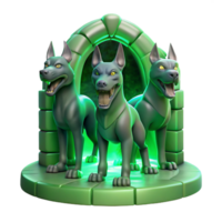 spectacular celebrated Cerberus, the three headed hound of Hades, guarding the gates of the underworld, bathed in an eerie green glow, digital painting style png